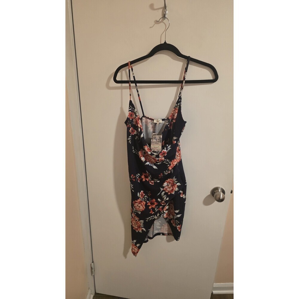 Love J Mini Dress Wrap Spaghetti Strap Navy Floral Shower Juniors Size Large